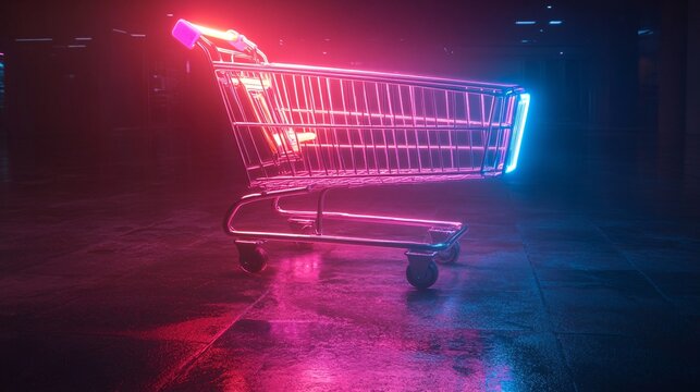 Futuristic metal shopping cart glowing in neon on a dark backdrop, representing modern e-commerce and Black Friday shopping events.