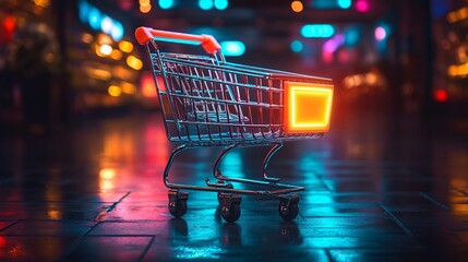 Futuristic metal shopping cart glowing in neon on a dark backdrop, representing modern e-commerce and Black Friday shopping events.