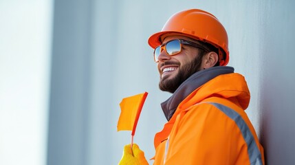 profile view of smiling construction worker in vibrant gear holding symbolic flag for women day against sleek professional
