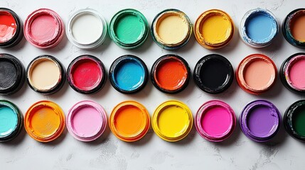 Vibrant Paint Pots in an Array of Colors on Textured Surface