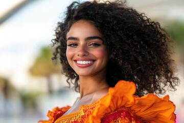 profile view of smiling dancer in vibrant attire performing with thematic women day props in sleek modern setting
