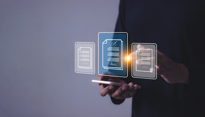 Young man with smartphone mobile hand touching to sign a Online Business Contract, Contract signing, Electronic signature, Digital documents, Future smart contract