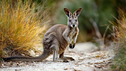 Naklejka premium A wallaby standing alert in the Australian bush.