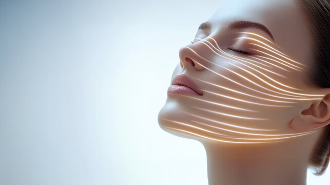 Close up of smooth skin and glowing lines promoting facial beauty treatments, cosmetic dermatology and dermatologist laser focus