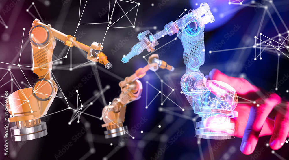 Poster Neural network 3D illustration. Big data and cybersecurity
