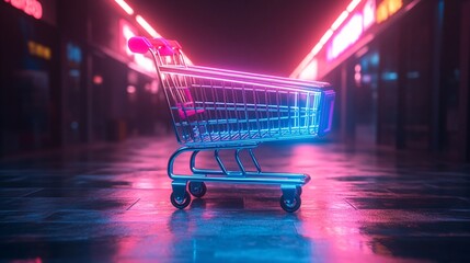 Neon-lit metal shopping cart against a dark background, highlighting the excitement of online shopping and Black Friday promotions.