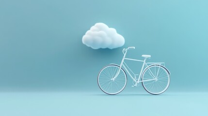 Fototapeta premium White bicycle under a fluffy cloud, blue background; travel, leisure concept
