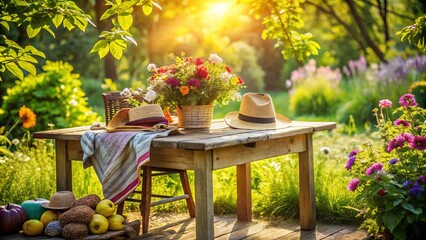 Fashion Photography: Wooden Table in a Sunlit Garden