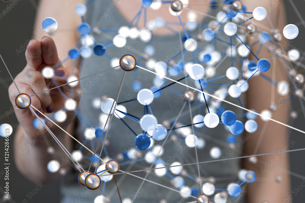 Poster Global network. Blockchain. 3D illustration. Neural networks and artificial intelligence. Abstract