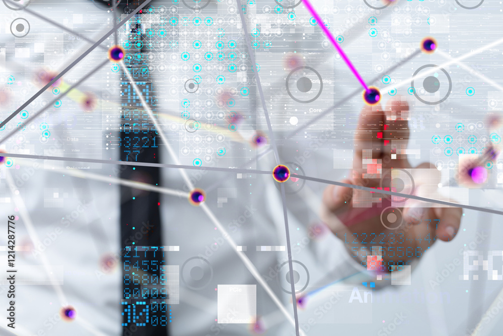 Poster neural network 3d illustration. big data and cybersecurity - 3d