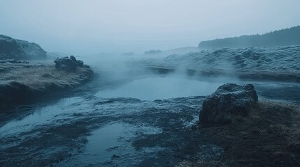 Obraz premium Misty Icelandic geothermal spring, volcanic landscape, early morning fog. Travel, nature photography.