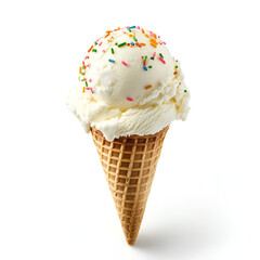Vanilla ice cream cone with colorful sprinkles, a sweet summer treat.