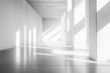 minimalist gallery space bathed in ethereal natural light, pristine white walls casting gentle geometric shadows, polished concrete floor reflecting soft ambient glow