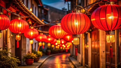Naklejka premium Festive Lantern-Lit Street: Red Decor & Warm Glow - Minimalist Asian Street Scene