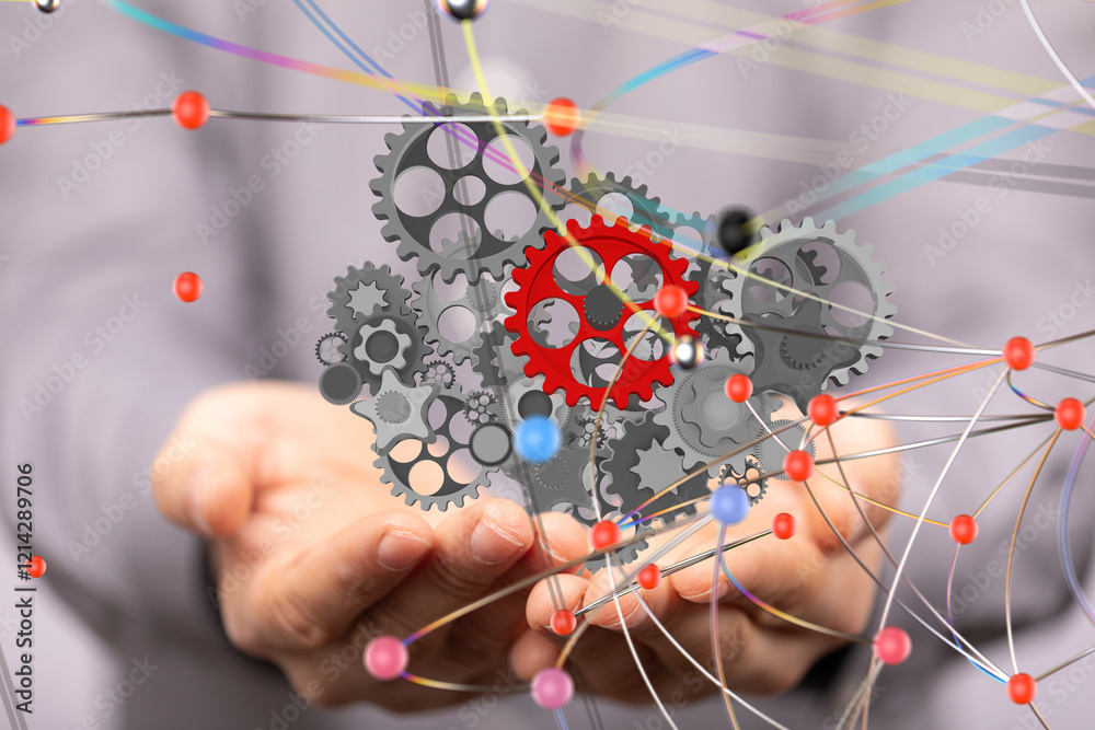 Poster gear system data. Connecting lines and dots.Big data visualization  - 3d