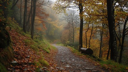 Obraz premium Misty autumn path through colorful forest.
