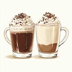Two mugs of hot chocolate with whipped cream and chocolate shavings.  Perfect for menus or websites