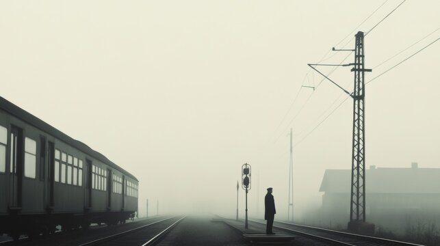 Solitary figure waits on foggy platform near train.