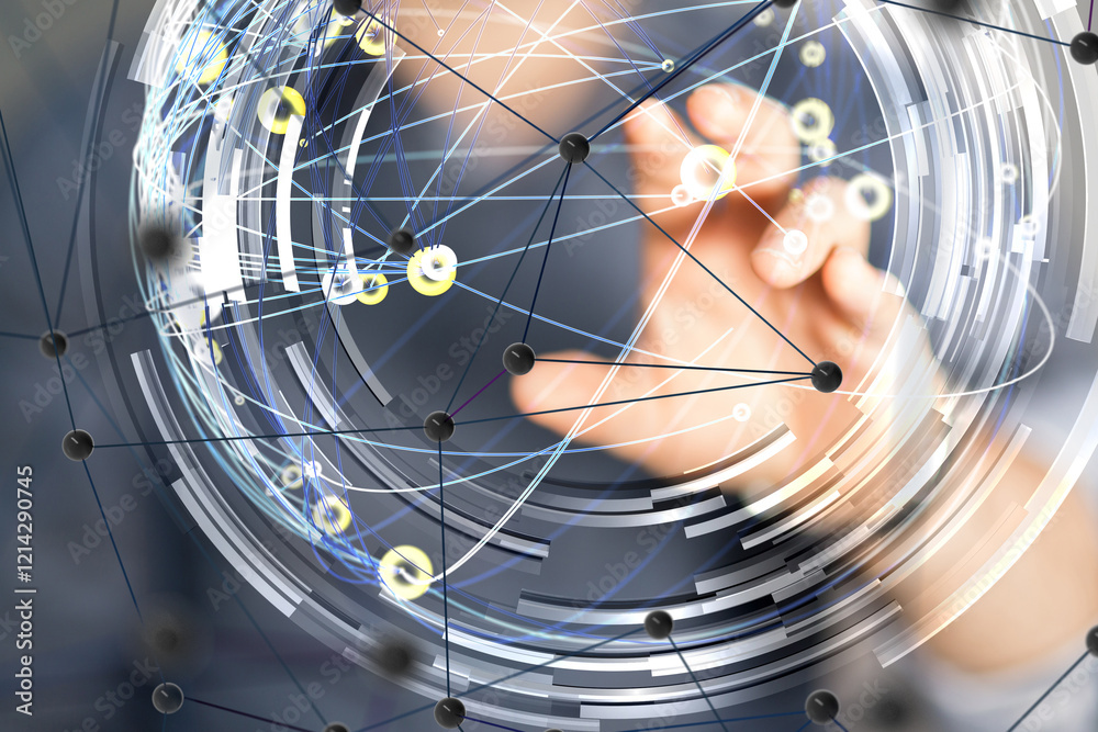 Poster Global network. Blockchain. 3D illustration. Neural networks and artificial intelligence. Abstract