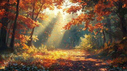 Fototapeta premium Warm sunlight piercing through the canopy of fall leaves, vibrant and serene