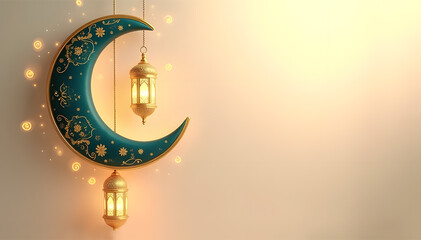 Teal blue crescent moon ornament and golden lanterns hanging against a light beige background, islamic concept design 