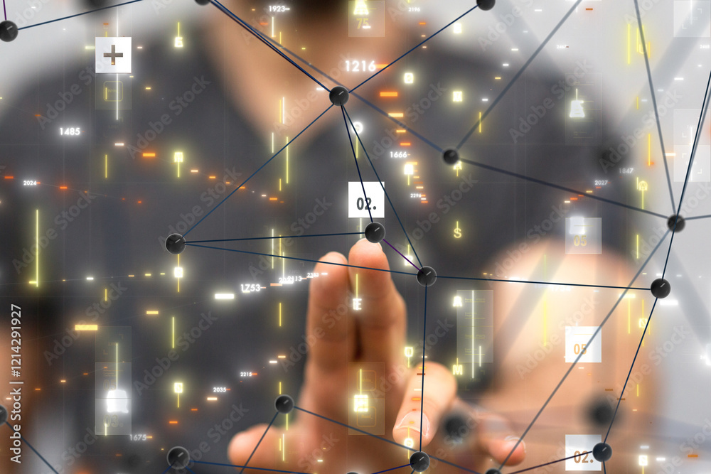 Poster Neural network 3D illustration. Big data and cybersecurity