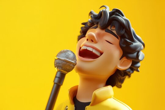 Joyful Cartoon Singer Holding Microphone Yellow Background