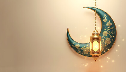 Teal blue crescent moon ornament and golden lantern hanging against a light beige background, islamic concept design 