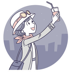 Girl in stylish hat taking selfie with cocktail vector image
