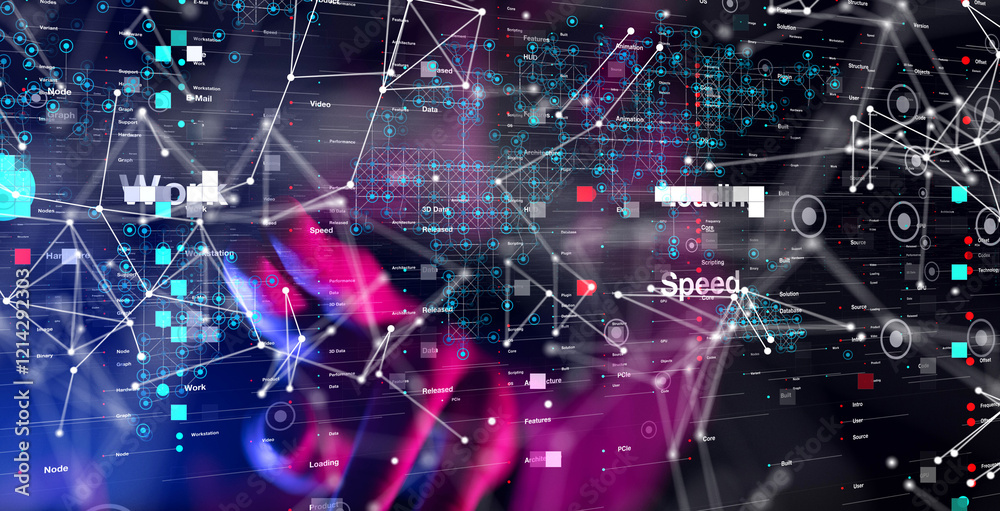Poster Neural network 3D illustration. Big data and cybersecurity