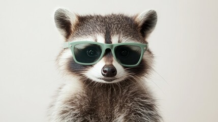 Fototapeta premium Close-up of a funny raccoon wearing green sunglasses with a blank background