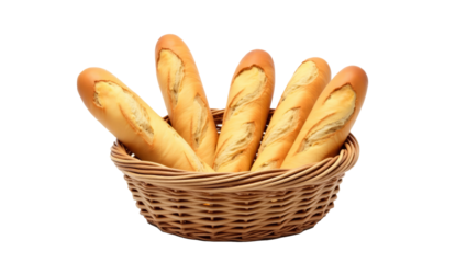 French bread in basket isolated on transparent or white background.