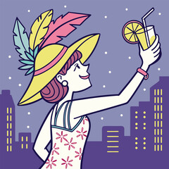 Girl in stylish hat taking selfie with cocktail vector image