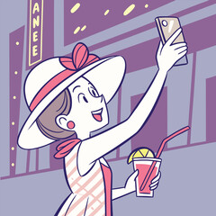 Girl in stylish hat taking selfie with cocktail vector image
