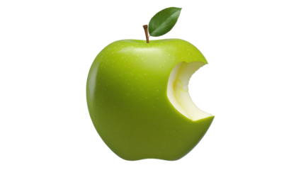 Green apple with bite mark isolated on transparent or white background.