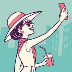 Girl in stylish hat taking selfie with cocktail vector image