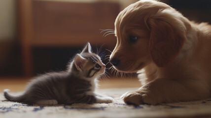 子犬が子猫の背中に触れながら遊ぶほほえましい瞬間