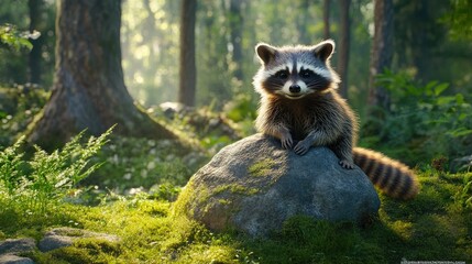 Fototapeta premium Funny raccoon striking a rock pose in a forest clearing with space for text