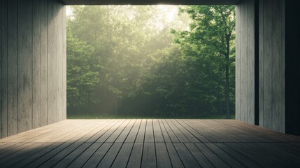 Sunlit forest view from minimalist concrete and wood deck.
