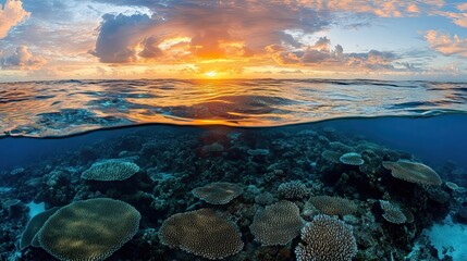 Vibrant sunrise over ocean, coral reef below.  Use Travel brochure, nature documentary