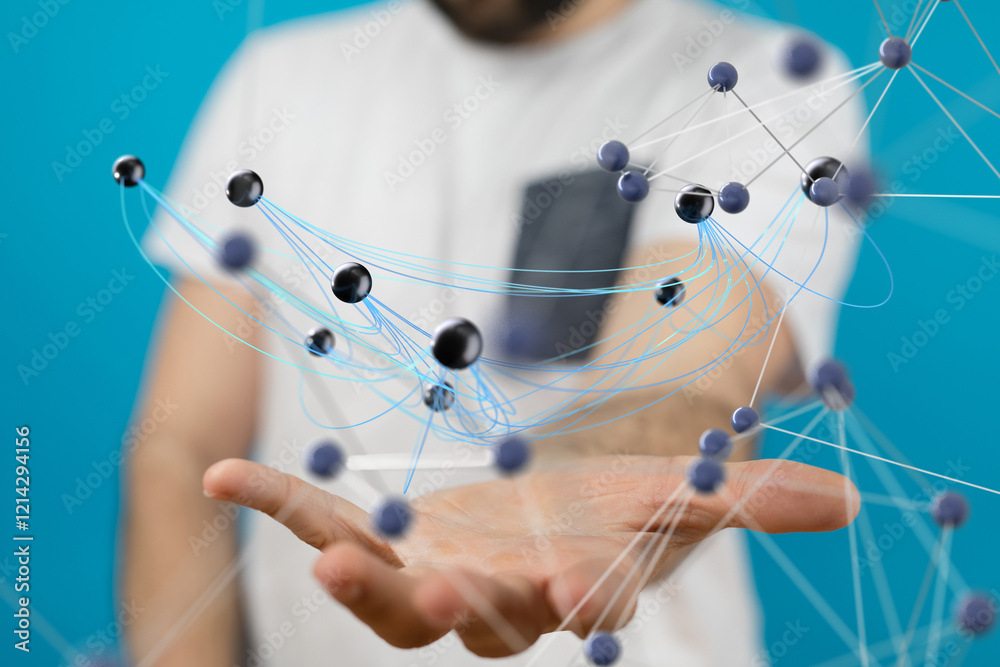 Fototapete Global network. Blockchain. 3D illustration. Neural networks and artificial intelligence. Abstract