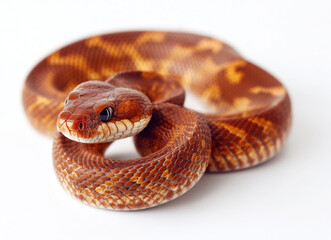 Fototapeta premium Colorful corn snake coiled elegantly on a plain background in a bright and clean environment