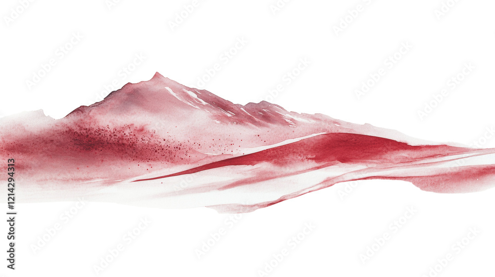 Poster an abstract watercolor painting depicts a stylized red mountain range with subtle variations in colo