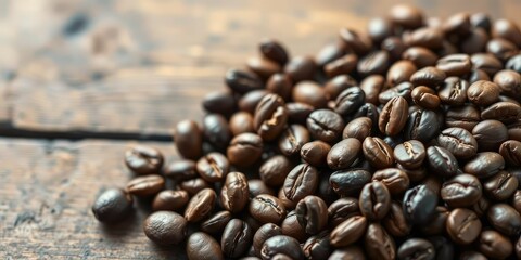 Fototapeta premium Close-up of roasted coffee beans on a wooden table, wooden table, herbs, earthy