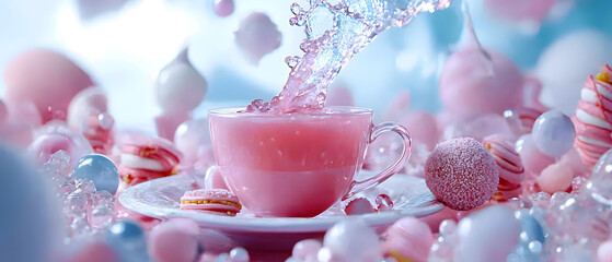 Refreshing pink beverage splash bright pastel setting food photography whimsical environment close-up view delightful concept