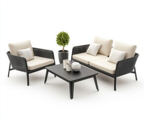 Outdoor seating arrangement with contemporary furniture design in a bright, minimalist setting