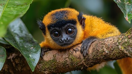 Golden Lion Tamarin Perched On A Branch In Lush Green Foliage