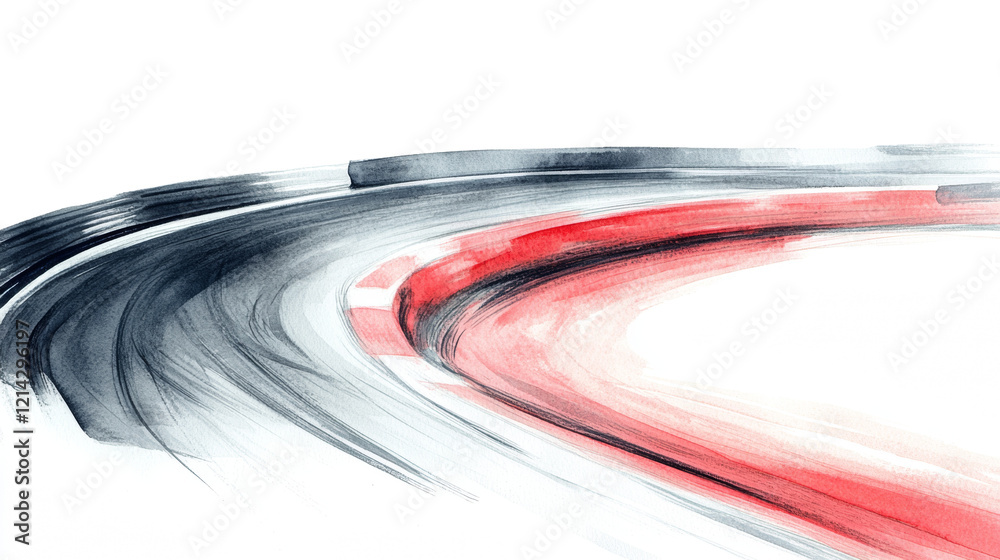 Poster an abstract watercolor painting depicts a stylized race track curve with dynamic brushstrokes in sha