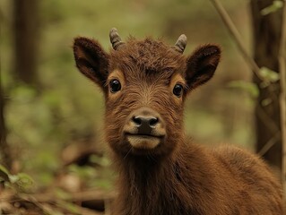 Fototapeta premium Young Takin calf in forest, curious gaze, wildlife photo, nature background, stock image
