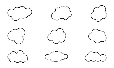 Fototapeta premium Stroke outline cloud icons set isolated on white background. Cloud services and weather Linear icon collection. Vector illustration.